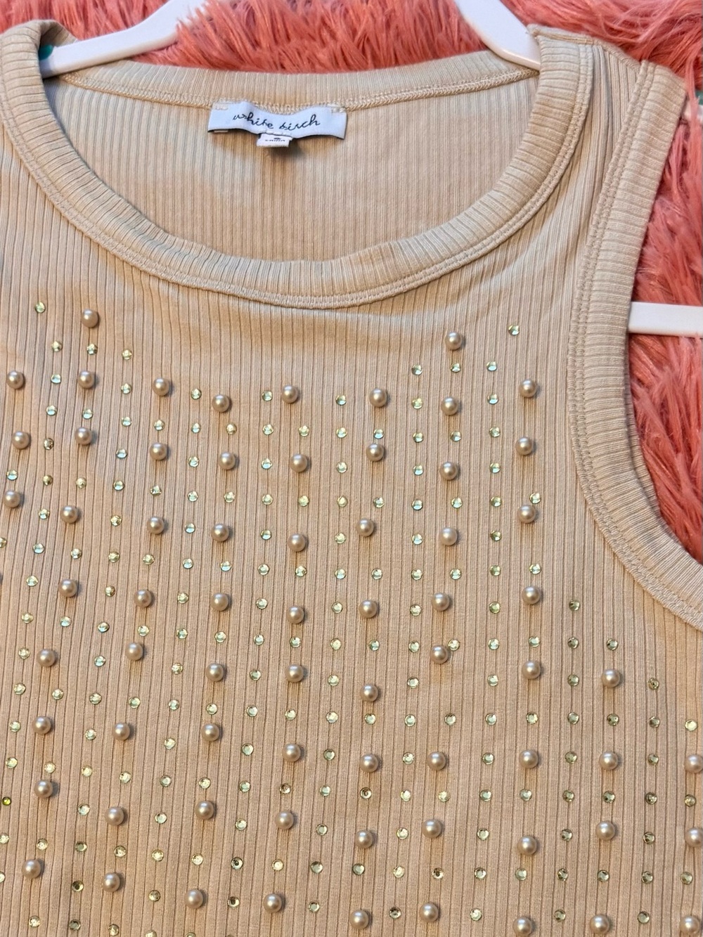 white birch Pearl-Studded Ribbed Cream Tank Top